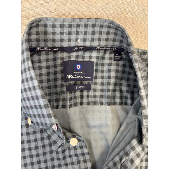 NWT Ben Sherman Men’s button-up Medium blue/green and gray check stretch - Picture 6 of 7